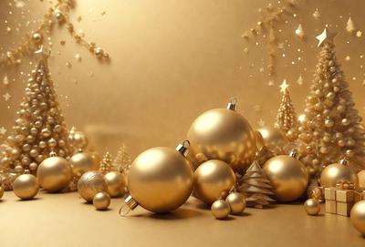 The primary subject of the image is a collection of gold ornaments, including gold balls and gold stars, arranged on a tan background. The setting appears to be a Christmas-themed display, with the ornaments creating a festive and warm atmosphere. The visual style of the image is a combination of photo and digital art, as it features a close-up view of the ornaments and a well-defined background. The colors and mood of the image are predominantly warm and cozy, with the gold ornaments and tan background